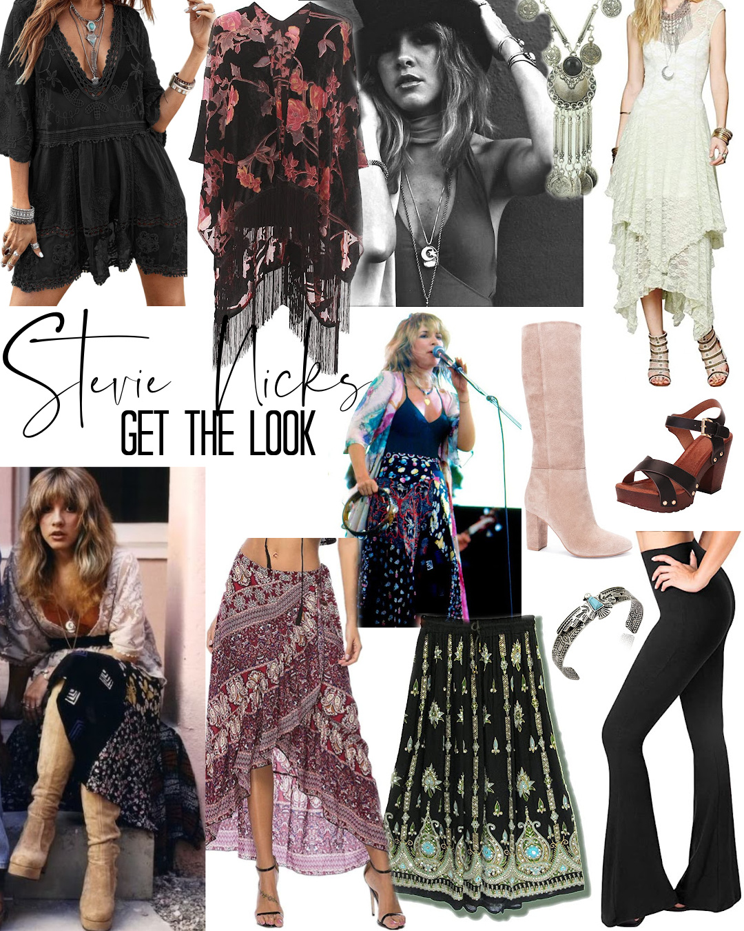 Collage of Stevie Nicks and Amazon clothes to get her style
