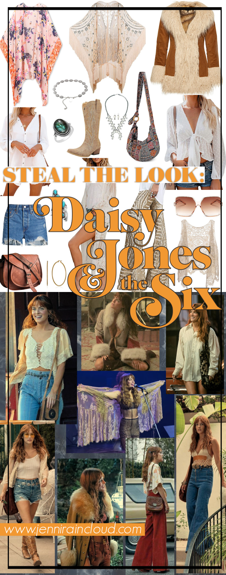 Collage of Daisy Jones and the Six plus clothes