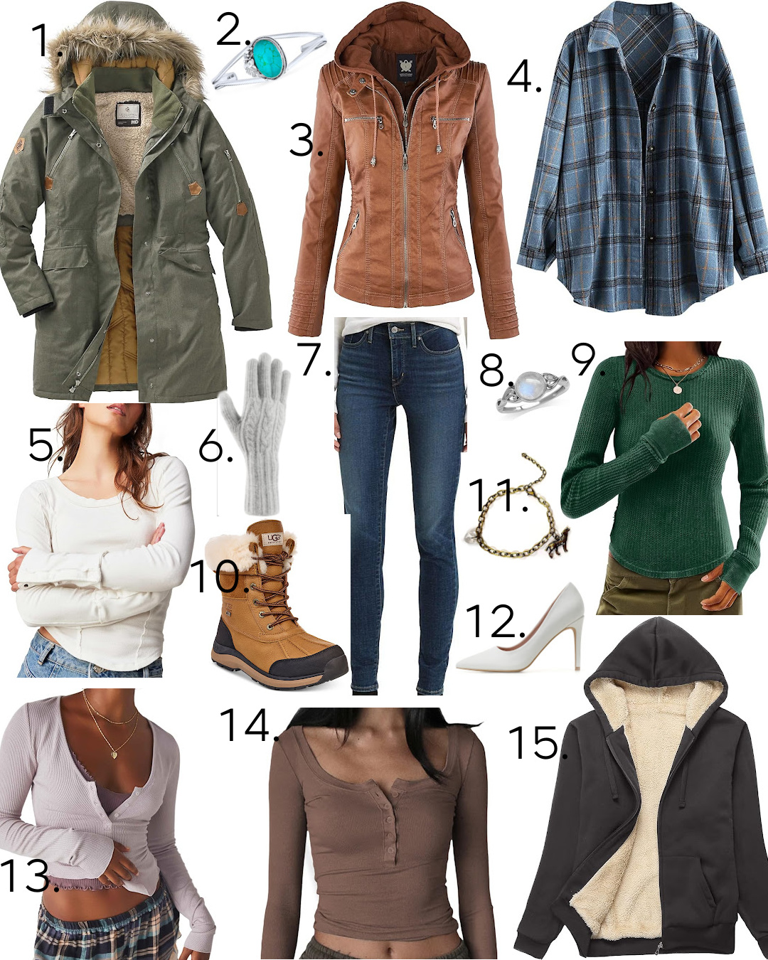 Collage of clothing pieces to recreate Bella Swan Outfits