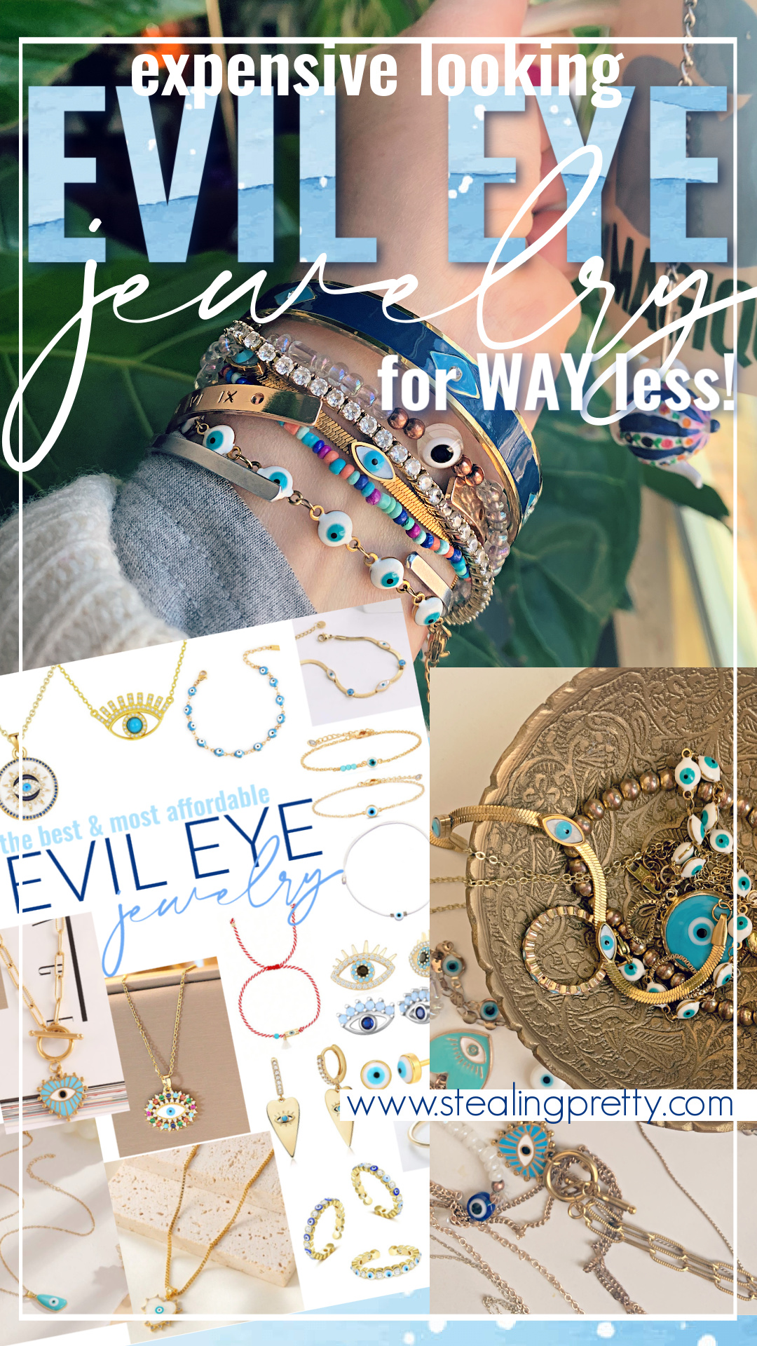 Collage of pictures of evil eye jewelry