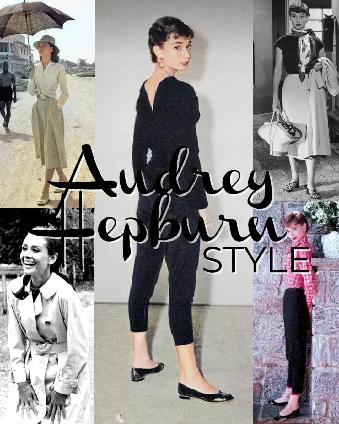 Collage of Audrey Hepburn pictures.