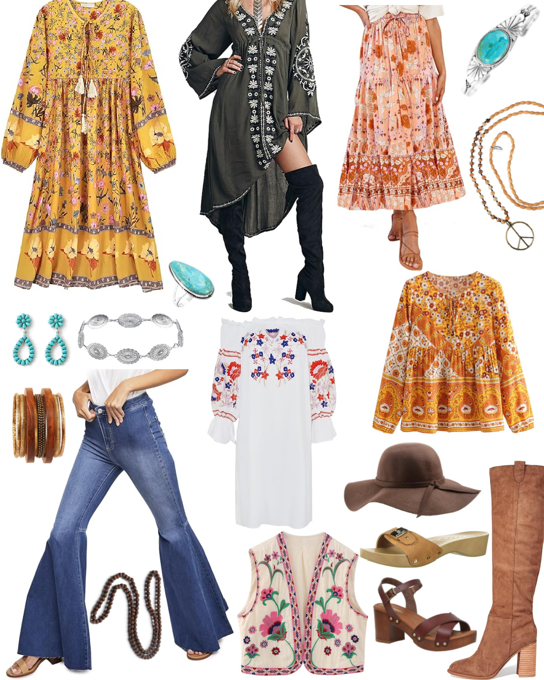 collage of amazon and free people clothing items for hippie style today. 