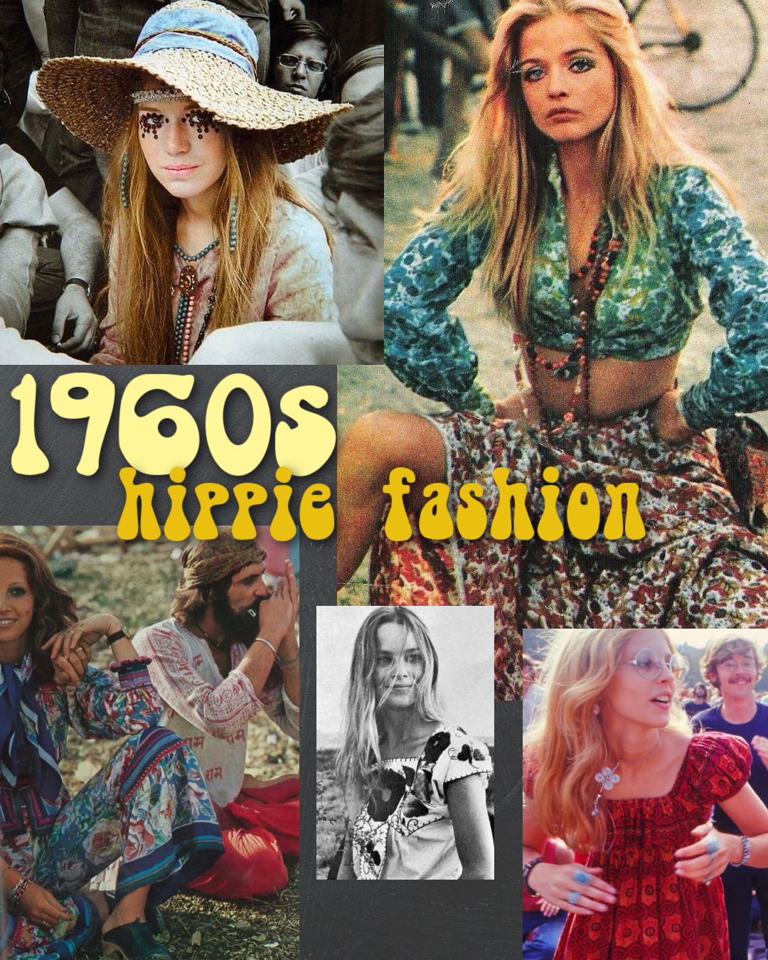 Collage of pictures of hippies from the 1960s