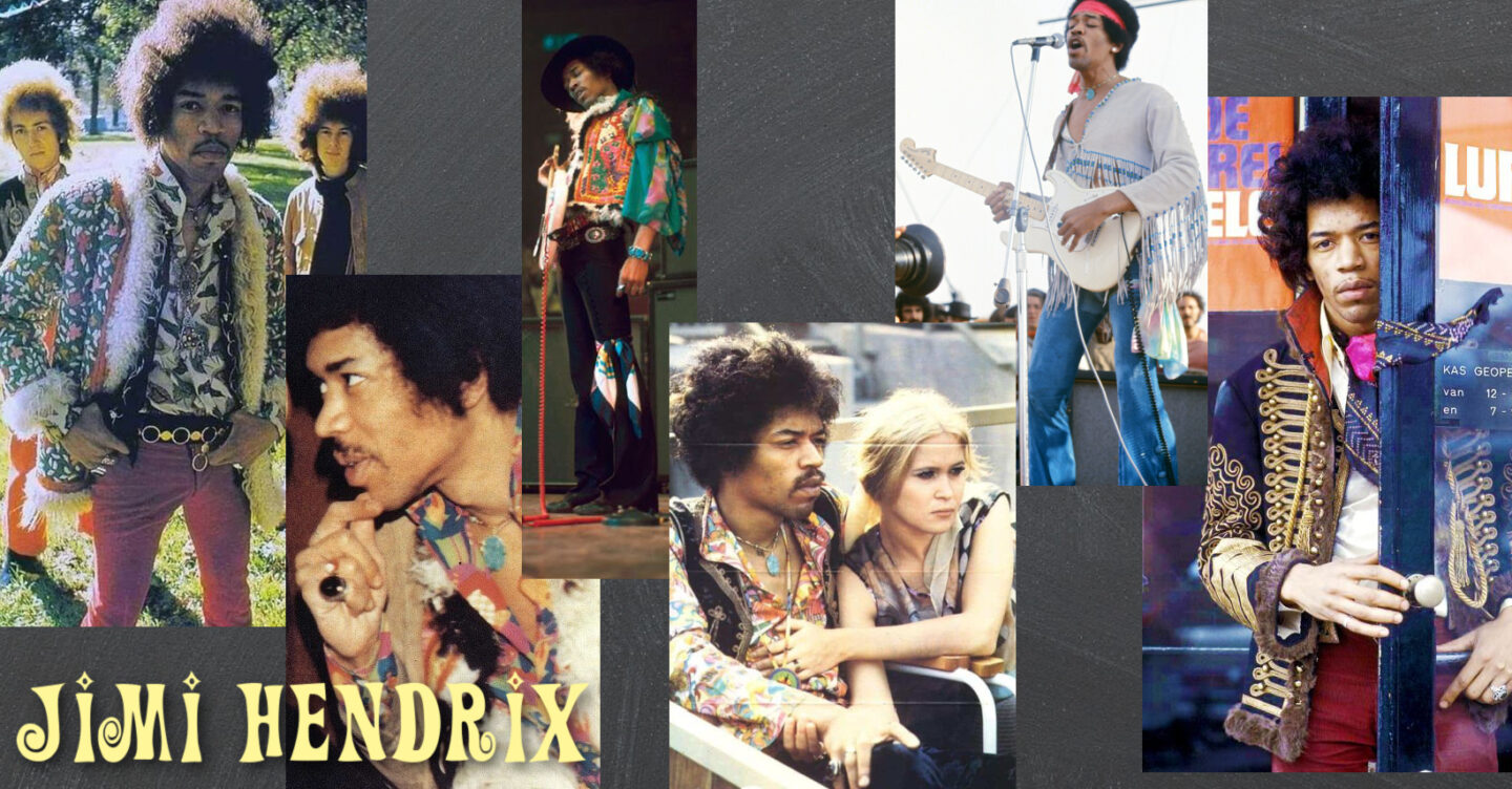 Collage of Jimi Hendrix pictures.