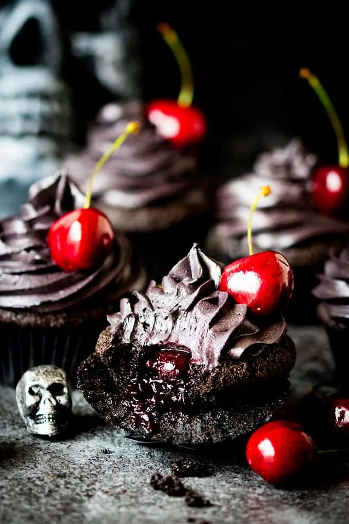 Halloween Black Cupcakes with Cherry Filling
